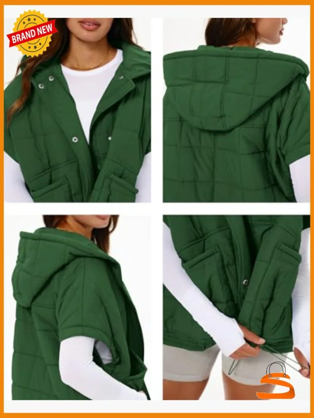 Oversized Stand Collar Quilted Puffer Vest Cap Sleeve Zip Up Hooded Coat - Picture 4 of 6